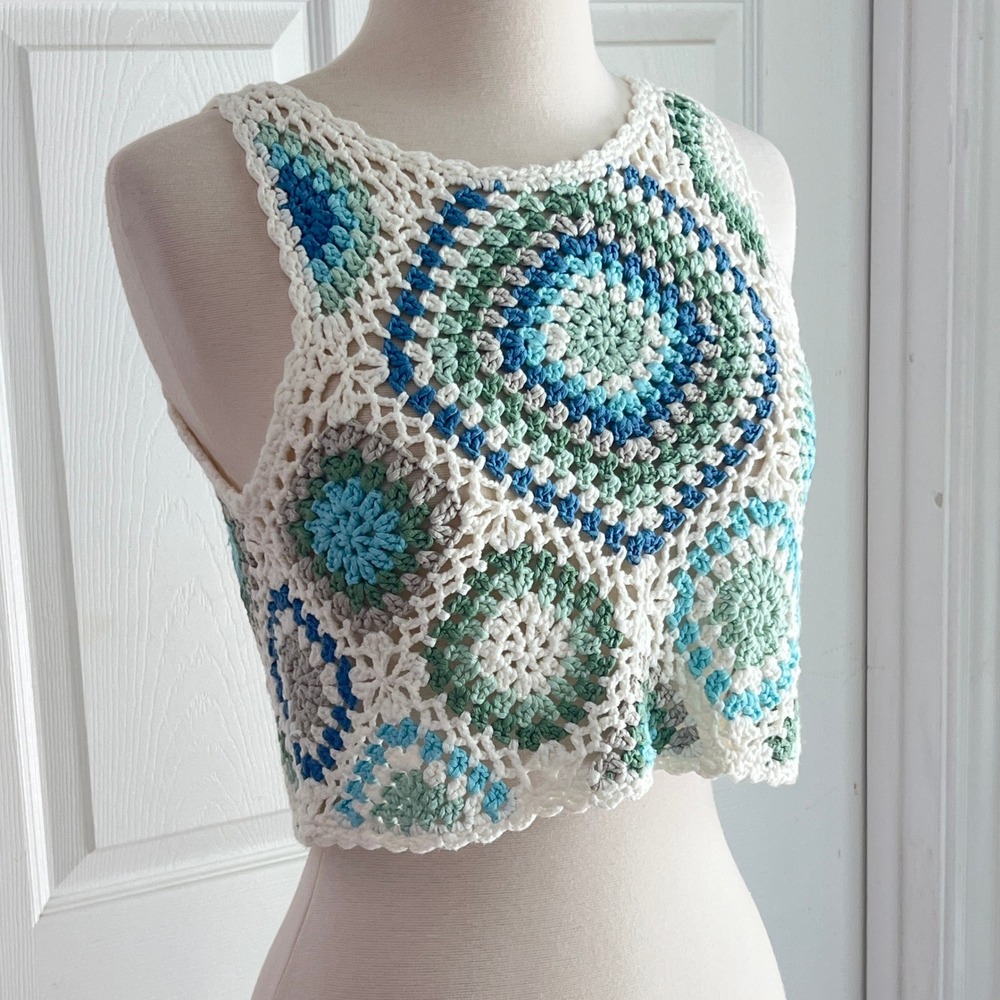 Crochet Crop Tank Top Sz S Women Altar'd State Boho‎ Granny Pastel White - Picture 4 of 9